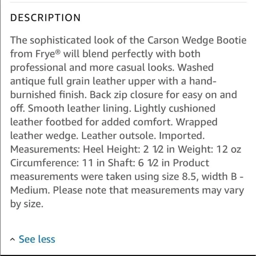 Frye Carson Wedge Bootie Size 8 1/2